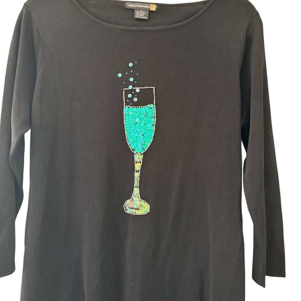 Black Long Sleeve Sweater With Sequin Champagne Glass By Sweaterworks - XL